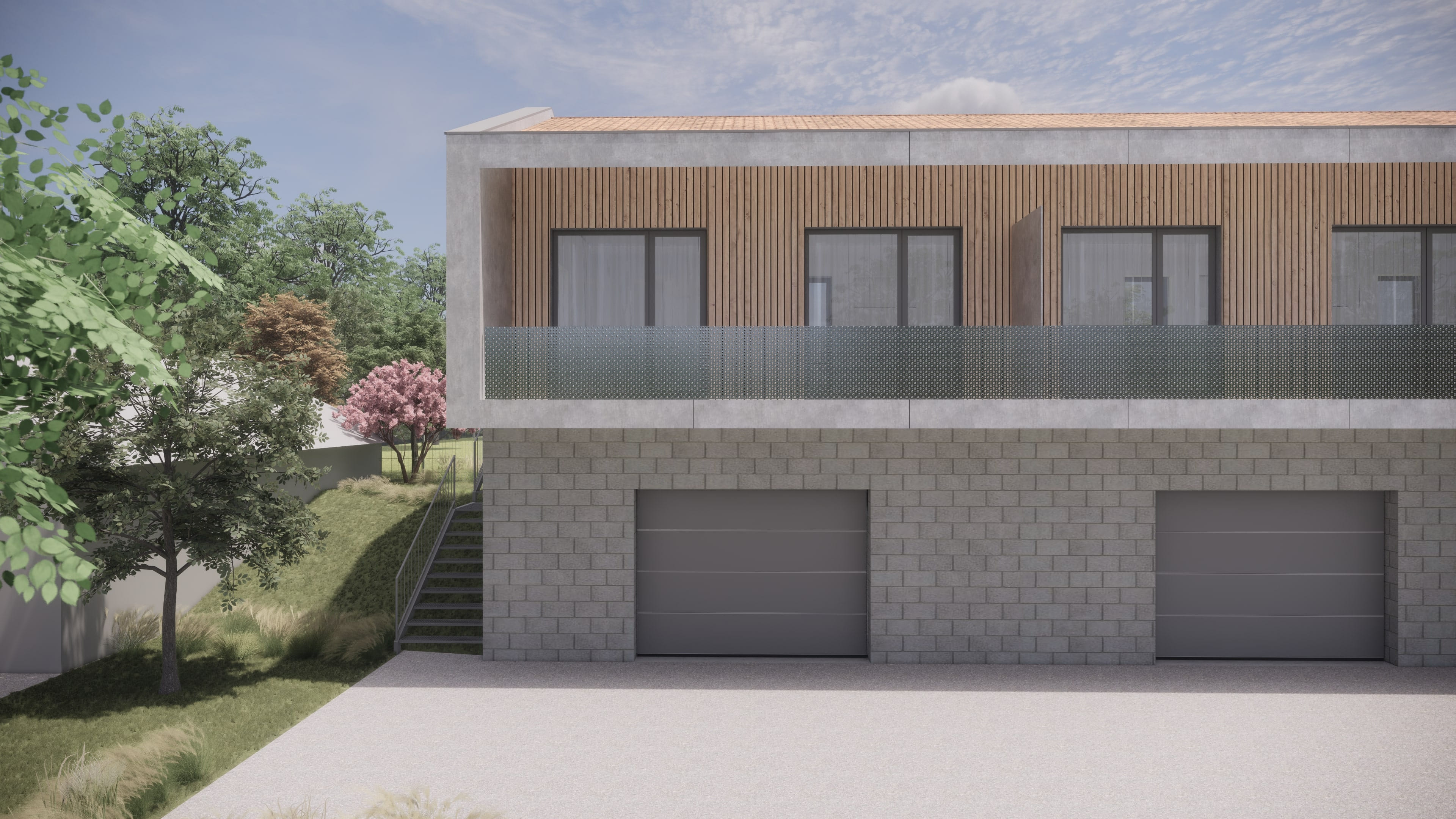 Belvedere tříbytový komplex, zezadu s garéžemi se schody k bytům