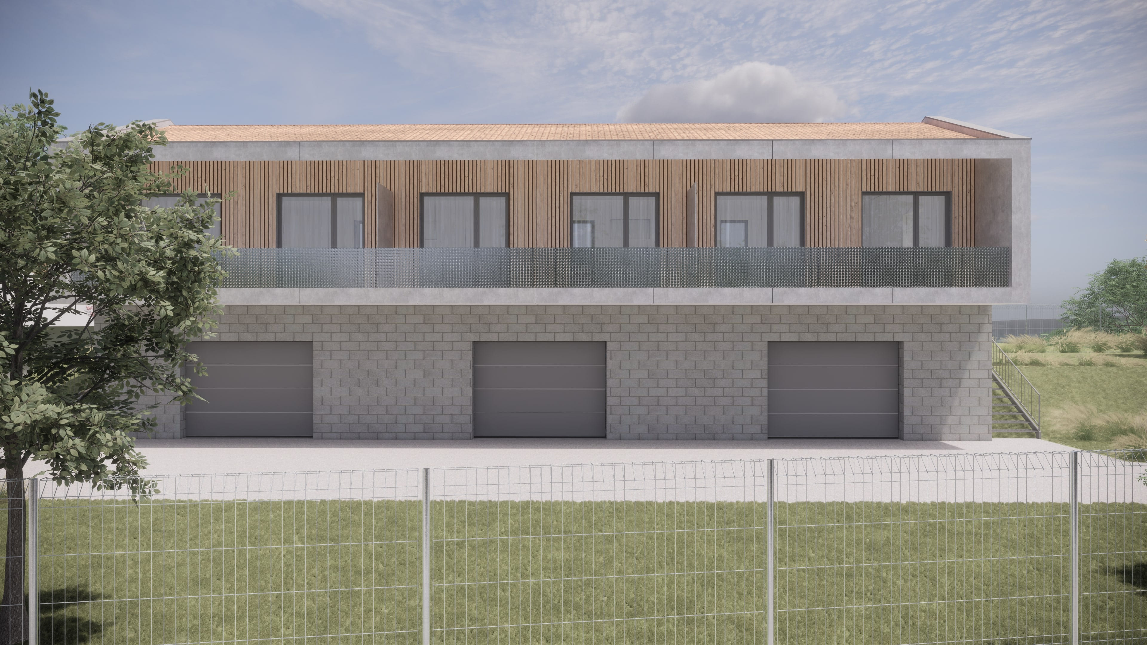 Belvedere tříbytový komplex, zezadu s garéžemi